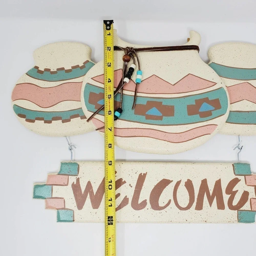 Welcome Sign Southwestern Wall Hanging Native Art Pottery Design Leather Strap